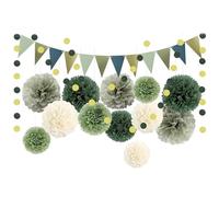 Kit Décoration Anniversaire Vert Sauge 16 Pièces, Pompon Papier de Soie pour Mariage Champêtre et Baptême Garçon, Guirlande Fanion Or et Crème, Déco Chambre Bébé, Gender Reveal et Fête Bohème Chic