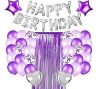 Kit Décoration Anniversaire Violet et Blanc - 30 Pièces - Guirlande Joyeux Anniversaire, Ballons Étoile & Cœur, Rideaux Scintillants 1x2m