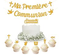 Kit Décoration de Communion 3m Ma Première Communion Bannière Banderole et 7pcs Décoration de Gâteau Première Communion Poisson Croix Ange Cake Cupcake Topper pour Fête Communion Baptême Confirmation