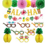 Kit Décoration Tropicale Hawaïenne,Décoration de fête hawaïenne,avec Guirlande Aloha,Ananas boules alvéolées-pour deco plage, Pool Party Été