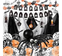 Kit décorations Halloween - Déco Fête Effrayantes avec Toiles D'araignée Géantes Ballons Latex, Ballon Aluminium Citrouille, Autocollants-Chauve Parfait pour Décoration Parfaite Lntérieur & Extérieur