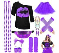 Kit Déguisement Année 80 Accessoire Femme, T-Shirt, Tutu, Sac Banane, Bandeau, Boucle d'Oreille, Collier, Gants Résille, Vêtements Années 80 Néon Tenu 80s Thème Soirée Carnaval Femme Fille
