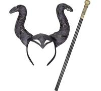 Kit Déguisement Mauvaise Fée Noire 2 Pièces I Serre-tête Cornes Bâton Plastique 80 cm I Halloween Carnaval Cosplay I Ange Déchu Enfer Démon Diablesse Maléfique I Accessoires Canne Déguisement Adulte