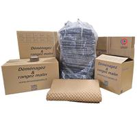 Kit déménagement T1 - 27 pièces : 10 cartons standard 55x35x30 cm (57L), 5 cartons livre 34x26x32 cm (28L), 10 papiers bulle biodégradables 0,5x1 m, 1 adhésif 4,8 cm x 68 m, 1 sac fourre-tout 150L
