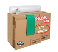 Kit Déménagement T2-19 Articles - 10 Grands Cartons + 5 Cartons Livres + Rouleau de Bulle + 2 Rubans Adhésifs + Housse Matelas 2 Places - Pack Familial Pratique & Économique