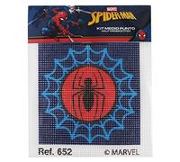 Kit demi-point avec dessins Marvel. Point de croix artisanal bricolage pour enfants, comprend de la toile et des fils de couleur selon le motif. Toile 18 x 15 cm. (Spiderman-Spider)