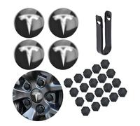Kit d'enjoliveurs de Roue de Voiture avec Logo, Accessoires pour TES la Model 3, Model Y, 4 Cache-moyeux Noirs et argentés + 22 Cache-écrous Noirs (Noir et Argent)