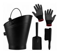 TERRE JARDIN Seau à Cendres 7 L, 4 Pièces pour Cheminée et Poêle à Bois | Kit en fer peint avec pelle, brosse en chêne et gants pour nettoyage des cendres de cheminée, insert et poêle à bois