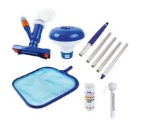 Kit d'entretien de Piscine composé de : Flotteur doseur, épuisette, thermomètre, aspirateur de Sol sous-Marin, Barre en Aluminium 5 pièces, 1 boîte de bandelettes de Test 3 en 1