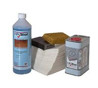 Kit d'entretien nettoyant professionel (pour l'intérieur et l'extérieur) : 1L habiol l'huile UV pour le bois, 1L habiol professionnel Nettoyant, fond à poncer éponge de ponçage et lingettes