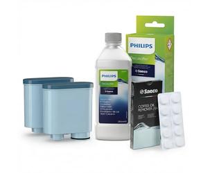 Kit d'Entretien Special Machine Espresso Tablettes dégraissant pour café, Détartrant Decalcifier 250 ml et 2 Filtres Aquafloow pour la Machine à Café Saeco AquaClean