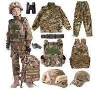 Kit d'équipement militaire tactique pour enfants - Pour jeu de rôle - Uniforme de camouflage soldat - Avec gilet, sac à dos, casque et jumelles (désert, 130 taille)
