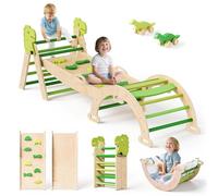 Kit d'escalade 9 en 1 avec forme de dinosaure : triangle d'escalade d'intérieur, arche d'escalade avec coussin, toboggan et voiture de dinosaure, jouet d'escalade en bois, cadre d'escalade pour 1 à 6