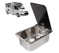 Kit d'évier de camping-car en acier inoxydable avec robinet pliable et couvercle en verre - Évier compact pour eau chaude et froide dans le camping-car