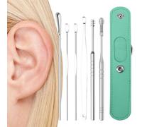 Kit d'extraction de cabine d'oreille - 6 outils en acier inoxydable avec étui PU | oreilles réutilisables, curette en spirale, première pour adultes, enfants