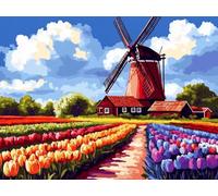 Kit Diamond Painting Adulte Tulipe Peinture Diamant Painting Moulin Vent Broderie Diamant Kit Complet, 5D DIY Broderie Cristal Art Loisirs Créatifs Adultes pour Décoration Murale 90x120 cm E0-471