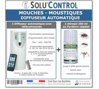 Kit Diffuseur Automatique avec Télécommande + 1 Aérosol Insecticide au Pyrèthre Végétal 250 ml - Anti-Mouches & Anti-Moustiques - Action Choc pour Volants et Rampants
