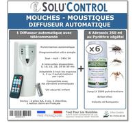 Kit Diffuseur Automatique avec Télécommande + 6 Aérosols Insecticide au Pyrèthre Végétal 250 ml - Anti-Mouches & Anti-Moustiques - Action Choc pour Volants et Rampants