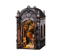 Kit Diorama de bibliothèque en Bois, Refuge du Dragon, avec éclairage LED | composants organisés, dimensions finies 19.3 × 14.5 × 10.5 cm, présentation en bibliothèque ou étagère