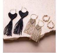 Kit DIY bijoux - Boucles d'oreille en macramé - Noir/Beige - Matières naturelles - 6 paires
