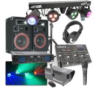 SKYTEC Pack Disco DJ - Enceinte 700W, Jeux de Lumière sur Barre en T Contrôle par Télécommande, Amplificateur 2X 350W, Machine à Fumée avec Liquide Inclus, Table de Mixage