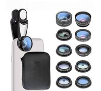 Kit d'objectif d'appareil photo 10 en 1 pour téléphone - Clip sur Fisheye/Macro/objectif grand angle avec étui de voyage pour iPhone Android
