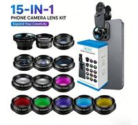 Kit d'objectifs pour appareil photo de téléphone 15-en-1 - Objectif fisheye + Objectif macro + Objectif grand angle + Objectif téléobjectif 2x + CPL + Kaléidoscope + Filtre étoile + Filtres de couleur