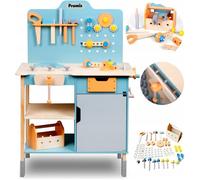 Kit d'outillage en bois - PROMIS - Boîte à outils XXL - 65 pièces - Bois naturel - Bleu