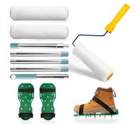 Kit D'outils de Ciment Autonivelant, Rouleau Debulleur Ragreage 23 cm, 2 Rouleau Peinture (1 poignée), Perche Telescopique 1,5 m et Chaussures à Pointes, Kit Ragreage pour le Nivellement des Sols