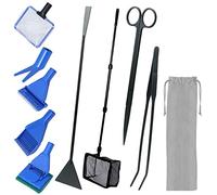 Kit D'outils de Nettoyage 9 en 1 pour Aquarium, épuisette de Poisson, Râteau, Fourche, Grattoir, éponge et Acier Inoxydable, Kit D'outils D'aquarium