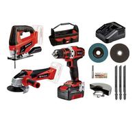 Perceuse-visseuse sans fil TE-CD 18/40 Li + meuleuse d’angle sans fil TC-AG 18/115 Li + scie sauteuse sans fil TC-JS 18 Li PXC (18 V, avec batterie 4,0 Ah et chargeur, accessoires, sac porte-outils)
