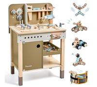 Kit d'outils pour enfants, banc à outils en bois avec tablier, jouet pour tout-petit, établi avec outils réalistes, perceuse électrique, jouet STEM BAU, cadeau pour garçons et filles de 3 à 9 ans