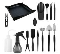 Kit d'outils pour Plantes Grasses, 14 Mini Outils de Jardin à Main + 1 Tapis de rempotage, râteau pour Plantes d'intérieur, Outils à Main de Jardinage, Noir