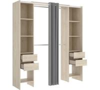 Kit dressing extensible avec rideau et 4 tiroirs -Reproduction chene naturel - L 180-113 x P 50 x H 205 cm - SUIT