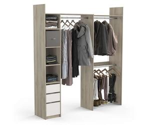 Kit Dressing Extensible D’Angle Ouvert & Modulable 3 Tiroirs 3 Barres De Penderie - Coloris Chêne & Blanc - 199,7 x 43,9 x 218,3 cm