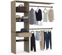 Kit dressing MELINE 160 x 40 x 180 cm hêtre avec étagères noires + tiroir + double penderie Bois G