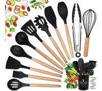 Kit d'Ustensiles de Cuisine en Silicone et Bois, hicoosee 22 PCS Accessoire Cuisine Set sans BPA, Ustensiles Cuisine Antiadhésive Set avec Pot de Rangement, Noir 01
