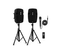 Pyle Kit Enceintes avec 2 Pieds, Haut Parleurs Actives et Passives de, Haut Parleur Bluetooth Puissante, Support Enceintes, Microphone Filaire, Lecteurs MP3/USB/SD/AUX, Télécommande