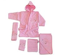 Kit éponge bébé éléphant rose serviette peignoir à capuche 5 pièces 100% Coton
