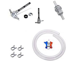 KIT ESSENCE : ROBINET M10x1 + DURITE + FILTRE + COLLIER MOBYLETTE MOTO CYCLOMOTEUR M10 COUDE CARBURATEUR RESERVOIR TUYAU CARBURANT PEUGEOT 102 103 104 MBK 41 51 MOTOBECANE VESPA PIAGGIO GAINE TUBE