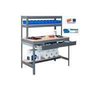 SimonRack Etabli d’Atelier, Capacité de Charge 400 kg, 1445x910x610 mm, 3 Étagères, Étagère Tiroir de Rangement, Table de Travail Bricolage, Gris/Bois - BT1