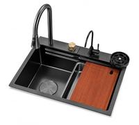 Kit évier de cuisine avec robinet, lavabo coulissant et planche à découper | Cuve simple en acier inoxydable 304 avec revêtement nano, lavabo égouttoir amovible et robinet cascade extensible à 360°.