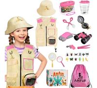 Kit Exploration Enfant,25PCS Ensemble Explorateur Extérieur Jouets avec Gilet de Safari,Chapeau de Safari et Jumelles pour Enfants,Boussole,Loupe,Boite Loupe Insecte