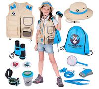 Kit Exploration Enfant avec Gilet Safari et Chapeau, Jumelles, Boussole Enfant, Loupe Enfant, Boite Loupe Insecte - Cadeau pour Les Garçons et Les Filles âgés de 3 à 12 Ans (Bleue, 7+)