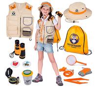 Kit Exploration Enfant avec Gilet Safari et Chapeau, Jumelles, Boussole Enfant, Loupe Enfant, Boite Loupe Insecte - Cadeau pour Les Garçons et Les Filles âgés de 3 à 12 Ans (Orange, 7+)