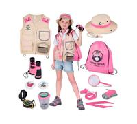 Kit Exploration Enfant avec Gilet Safari et Chapeau, Jumelles, Boussole Enfant, Loupe Enfant, Boite Loupe Insecte - Cadeau pour Les Garçons et Les Filles âgés de 3 à 12 Ans (Rose, 3-7)