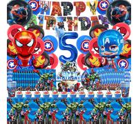 Kit F¿ºte Decoration Anniversaire, 101 Pi¿¿Ces Anniversaire Vaisselle, 5 Ans Ballon Aluminium D'anniversaire Deco, Super-H¿¿Ros Nappe Banni¿¿Re D¿¿Coration Serviette Tasse Assiette Kit