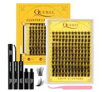 Kit Faux Cils QUEWEL, 144 faux cils fins avec colle et système de fixation, cils individuels en forme de C, aspect naturel, bande fine, facile à utiliser pour les débutants (DJ-FD-E-2)