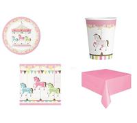 Kit fête Carrousel pour 8 enfants - 8 assiettes, 8 gobelets, 20 serviettes, 1 nappe | décorations pour anniversaires et fêtes à thème