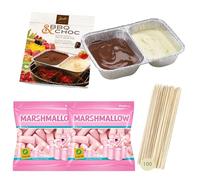 Kit Fondue Chocolat Barbecue, Chocolat Belge à Fondre 200 g (Noir + Blanc) + 2 Sachets Chamallows + 100 Brochettes Bois , Dessert BBQ & Feu de Camp